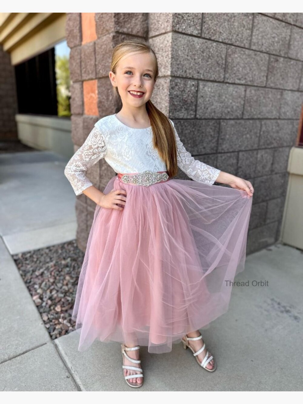 Lace V-Back Flower Girl Tutu Princess Party Dress with Satin Sash - Picture 3 of 3